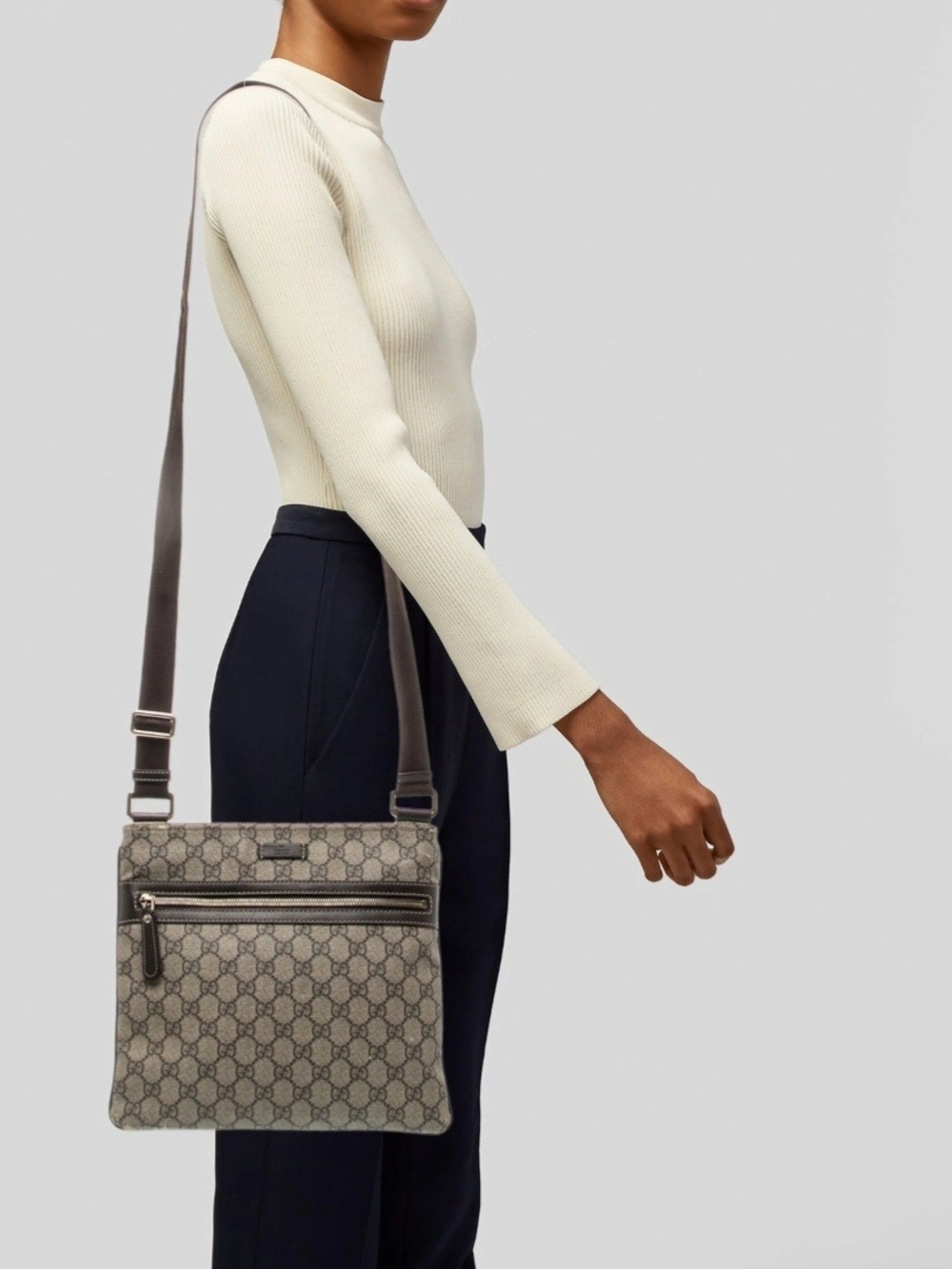 Gucci Gray GG Supreme Crossbody Bag with Front Zip